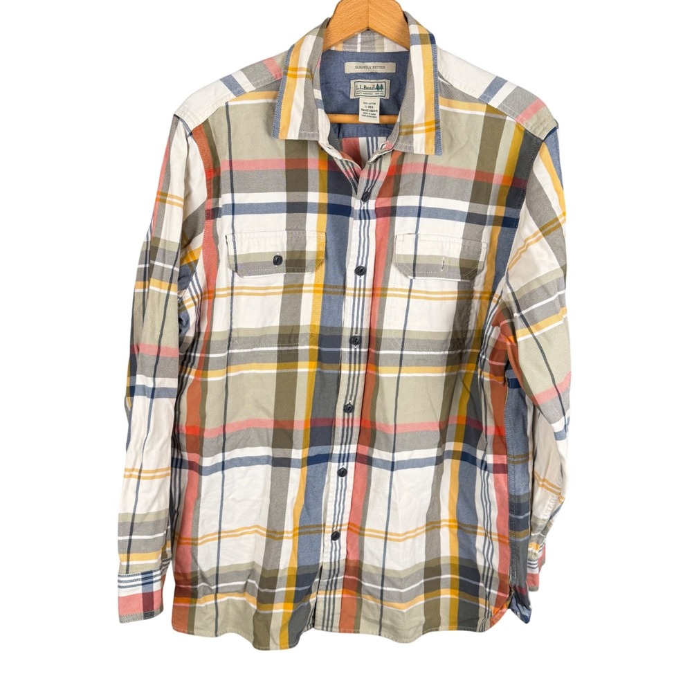 LL Bean Mens Slightly Fitted Plaid Cotton Button Down Shirt Multi Color Large